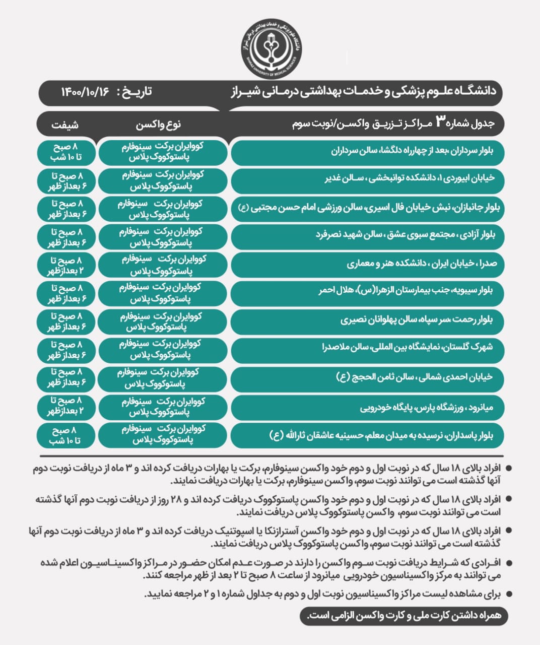 برنامه مراکز واکسیناسیون کرونا در شیراز؛ پنجشنبه ۱۶ دی