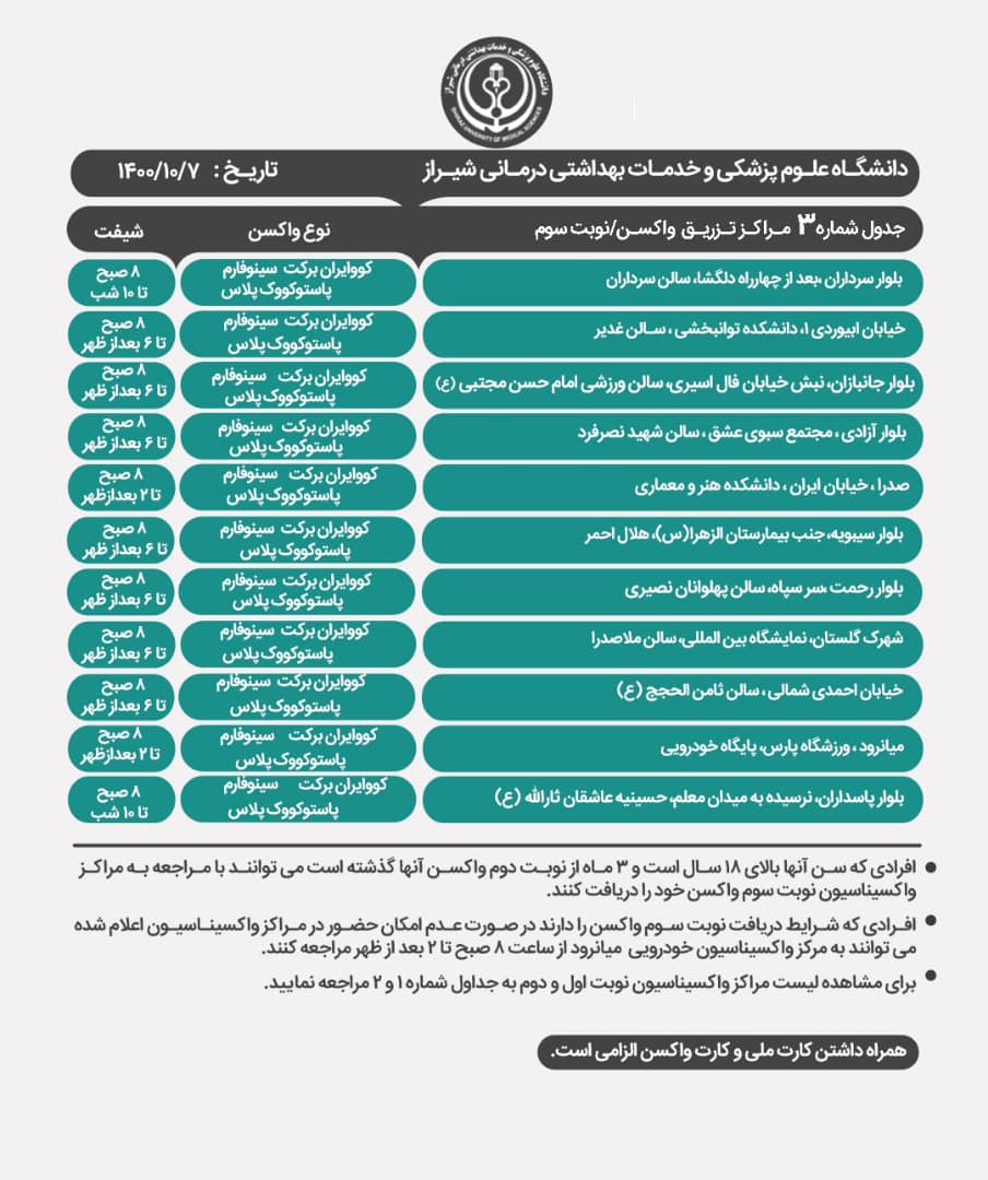 برنامه مراکز واکسیناسیون کرونا در شیراز؛سه شنبه ۷ دی