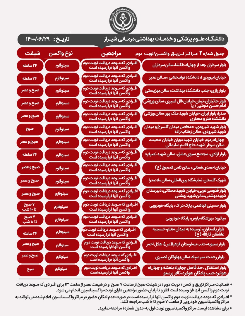 اعلام مراکز واکسیناسیون کرونا در شیراز؛ دوشنبه 29 شهریور