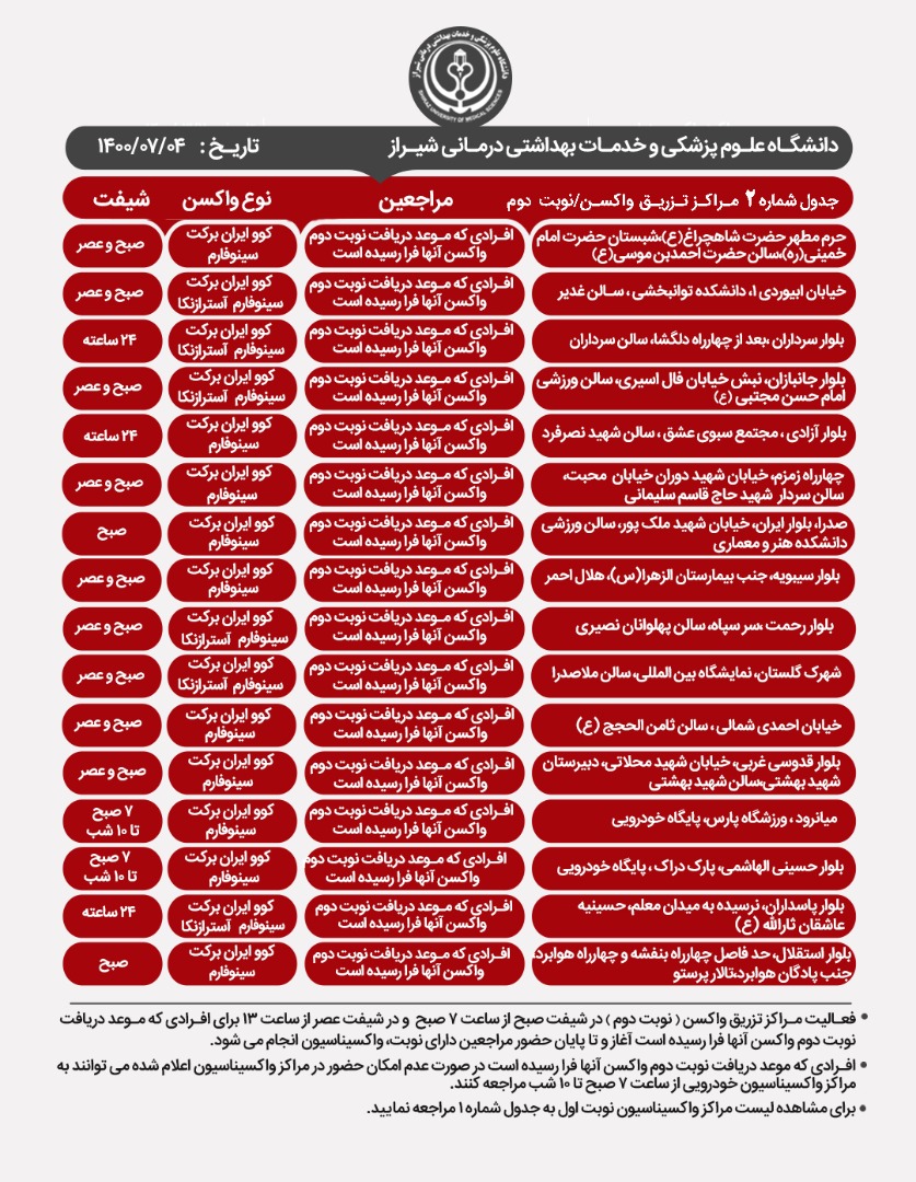 اعلام مراکز واکسیناسیون کرونا در شیراز؛ یکشنبه ۴ مهر