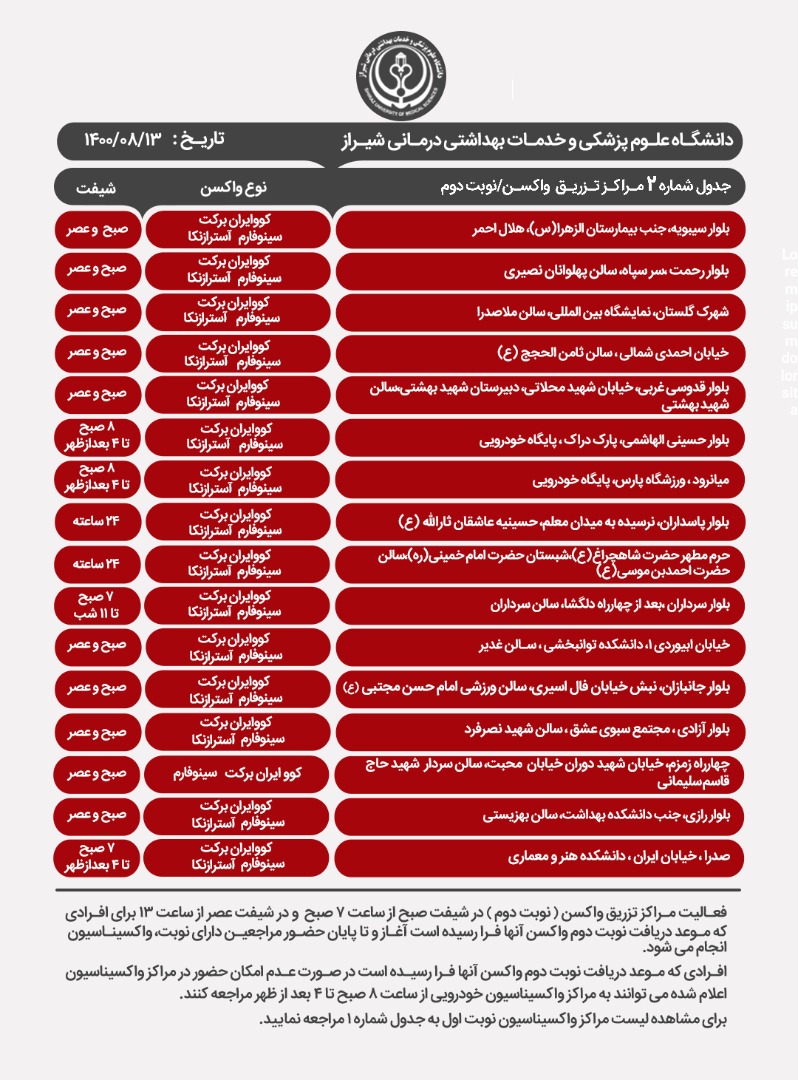 برنامه مراکز واکسیناسیون کرونا در شیراز؛پنجشنبه ۱۳ آبان